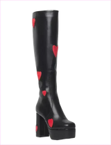 Sweetheart Knee High Platform Heel Boots with Pink Heart Decor