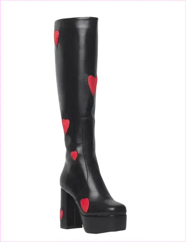 Sweetheart Knee High Platform Heel Boots with Pink Heart Decor