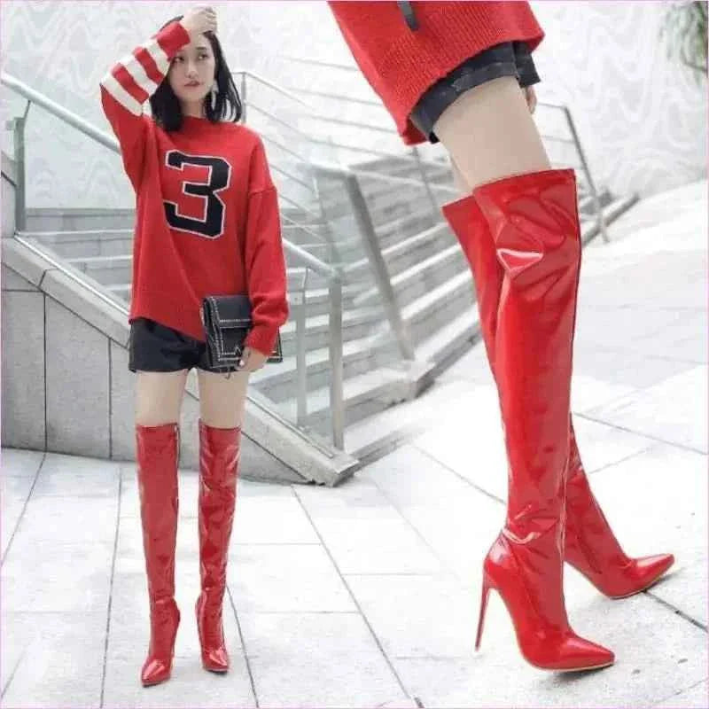 Tall Black Patent Over-the-knee Unisex Stiletto Boots