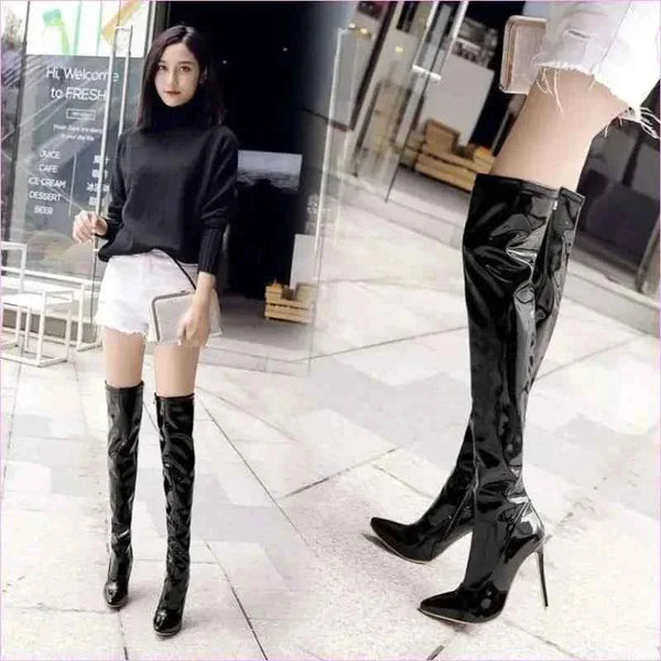 Tall Black Patent Over-the-knee Unisex Stiletto Boots