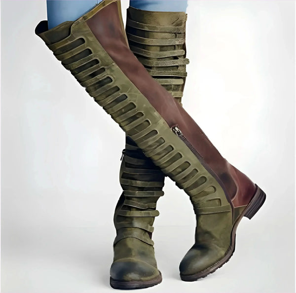 Tall Olive Green and Burgundy Faux Suede Round Toe Knee Boots