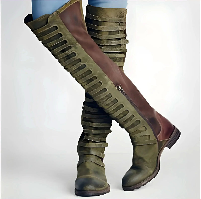 Tall Olive Green and Burgundy Faux Suede Round Toe Knee Boots