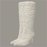 Tall White Furry Knee High Pointed Toe Boots with Crystal Transparent Heel