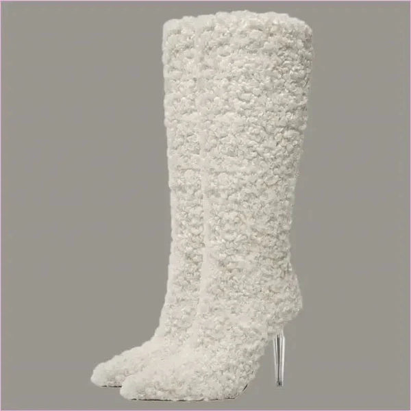 Tall White Furry Knee High Pointed Toe Boots with Crystal Transparent Heel