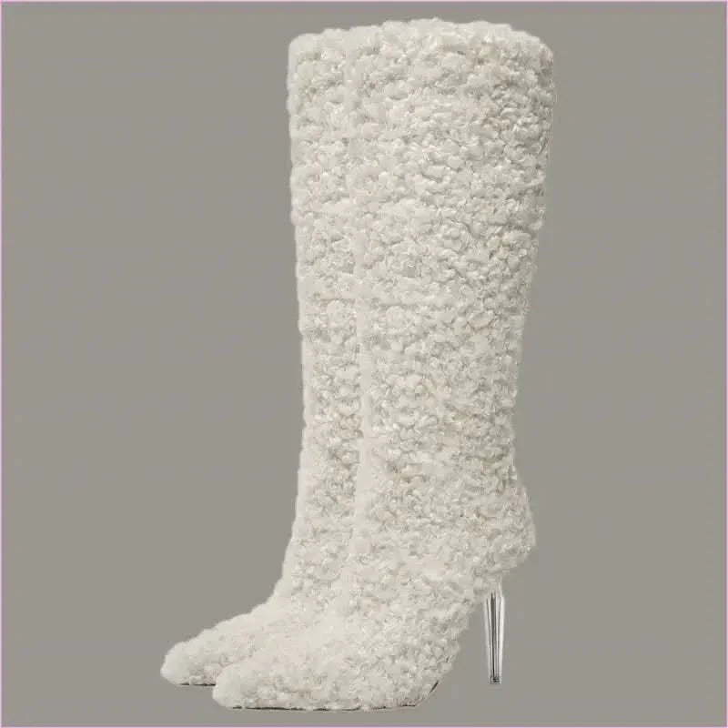 Tall White Furry Knee High Pointed Toe Boots with Crystal Transparent Heel