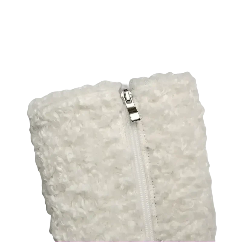 Tall White Furry Knee High Pointed Toe Boots with Crystal Transparent Heel