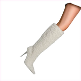 Tall White Furry Knee High Pointed Toe Boots with Crystal Transparent Heel