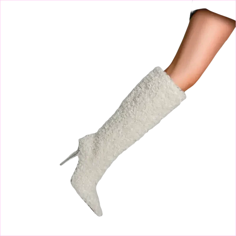 Tall White Furry Knee High Pointed Toe Boots with Crystal Transparent Heel