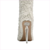 Tall White Furry Knee High Pointed Toe Boots with Crystal Transparent Heel