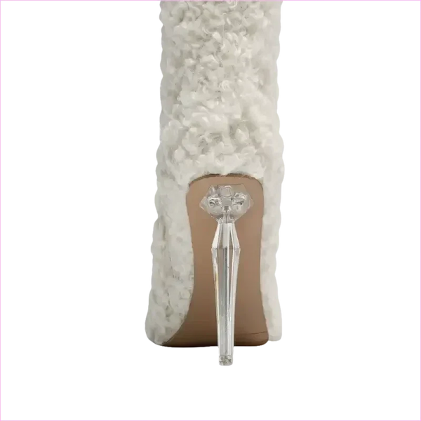 Tall White Furry Knee High Pointed Toe Boots with Crystal Transparent Heel