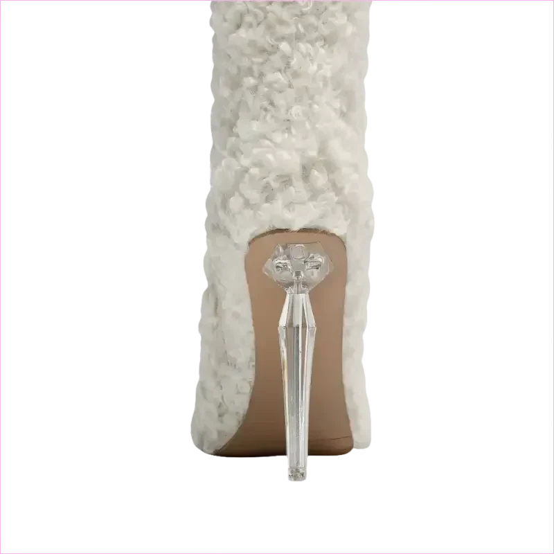 Tall White Furry Knee High Pointed Toe Boots with Crystal Transparent Heel