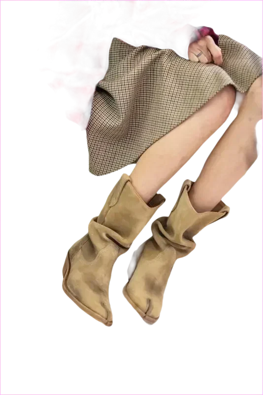 Tan Suede Split Toe Ankle Boots with Chunky Heel
