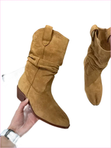Tan Suede Split Toe Ankle Boots with Chunky Heel