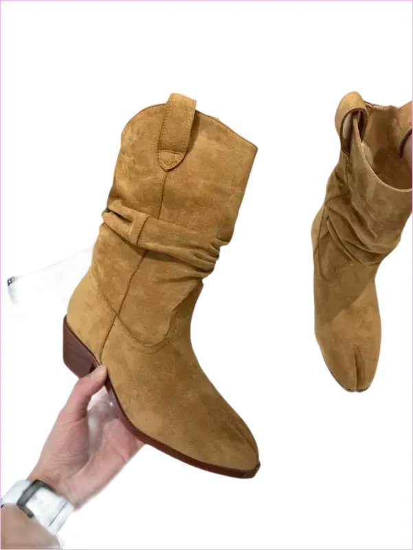 Tan Suede Split Toe Ankle Boots with Chunky Heel