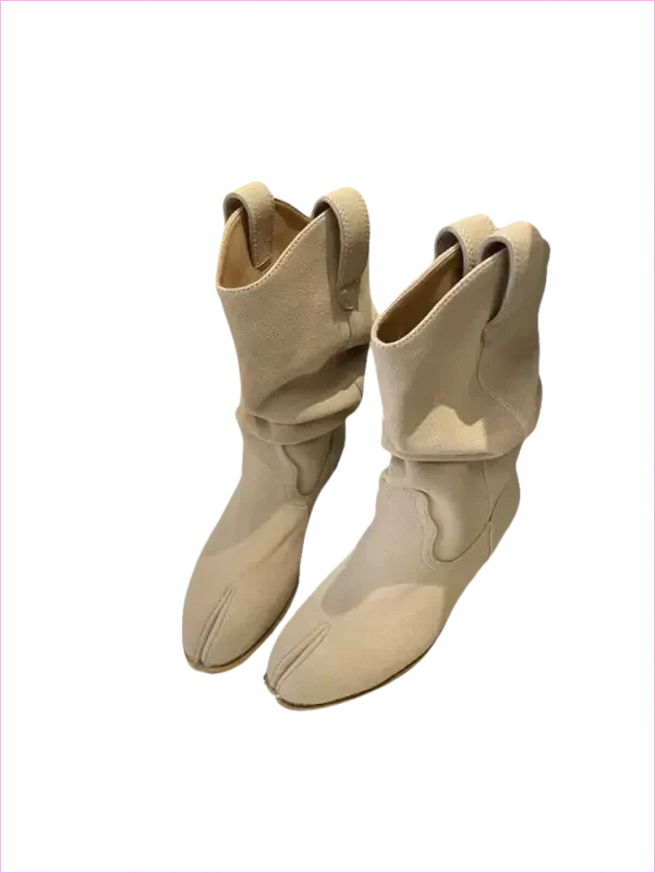 Tan Suede Split Toe Ankle Boots with Chunky Heel
