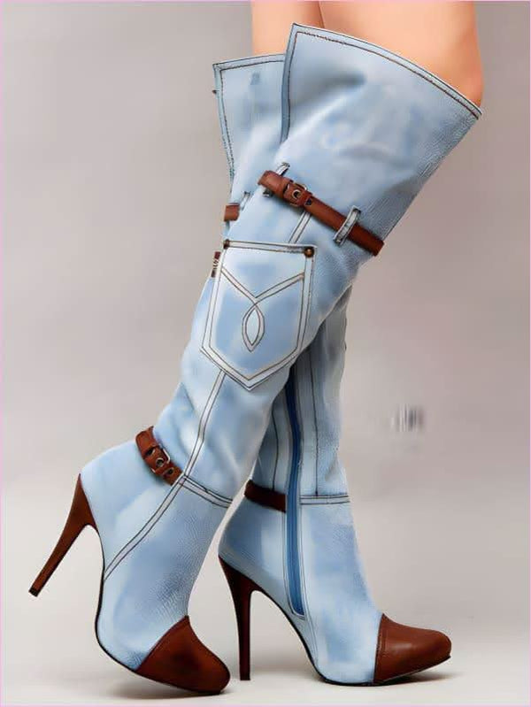 Thigh High Pointed Toe Denim Knee High Boots with Leather Accents