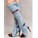 Thigh High Pointed Toe Denim Knee High Boots with Leather Accents