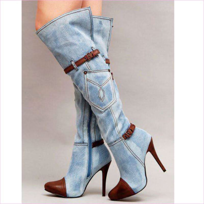 Thigh High Pointed Toe Denim Knee High Boots with Leather Accents