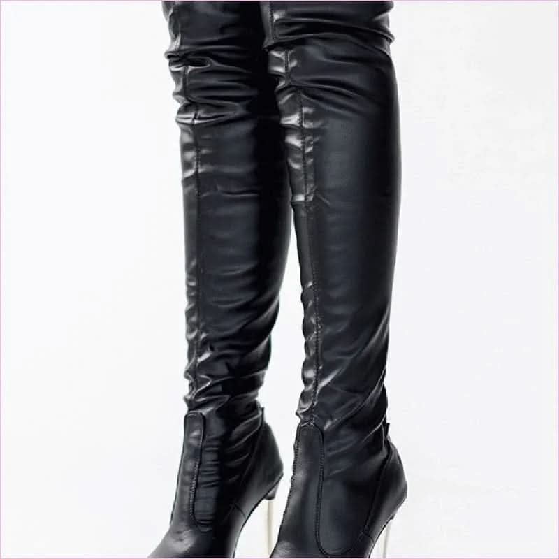 Thigh Length Ladies Boots with Zipper High Heel and Pointed Toe Style