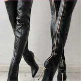 Thigh Length Ladies Boots with Zipper High Heel and Pointed Toe Style