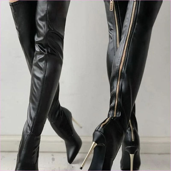 Thigh Length Ladies Boots with Zipper High Heel and Pointed Toe Style