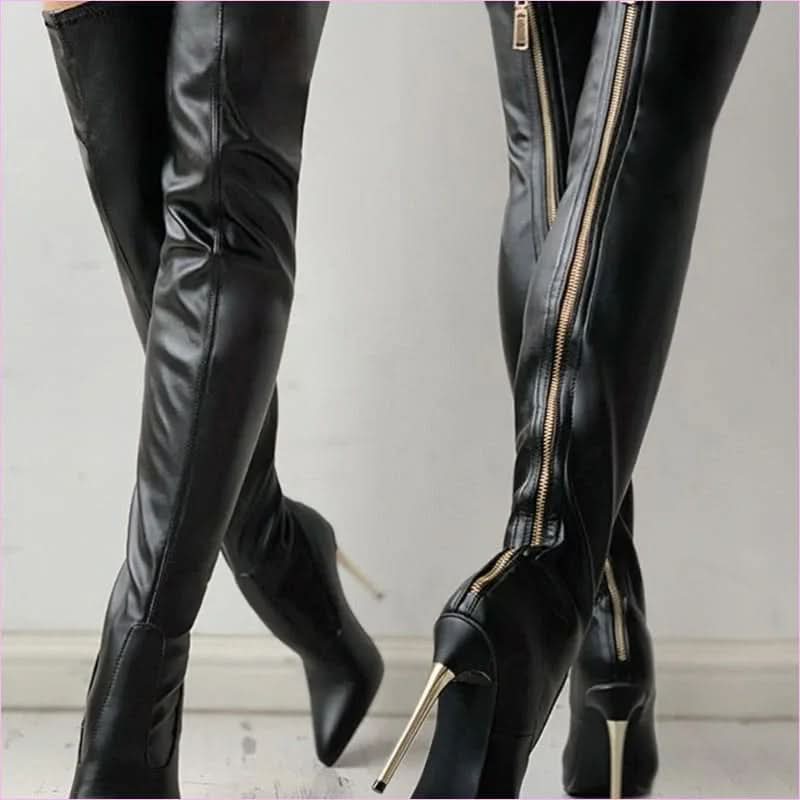 Thigh Length Ladies Boots with Zipper High Heel and Pointed Toe Style