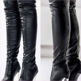 Thigh Length Ladies Boots with Zipper High Heel and Pointed Toe Style