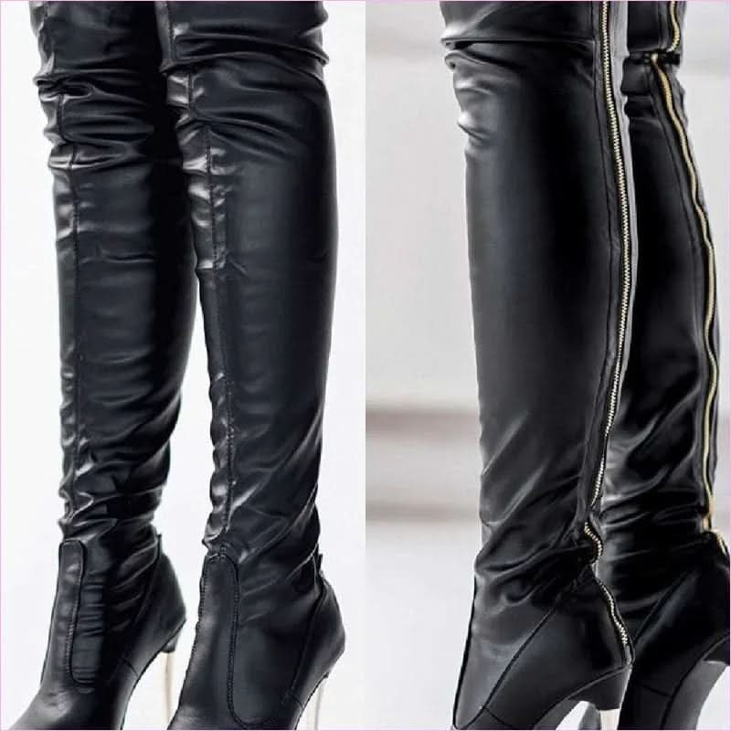 Thigh Length Ladies Boots with Zipper High Heel and Pointed Toe Style
