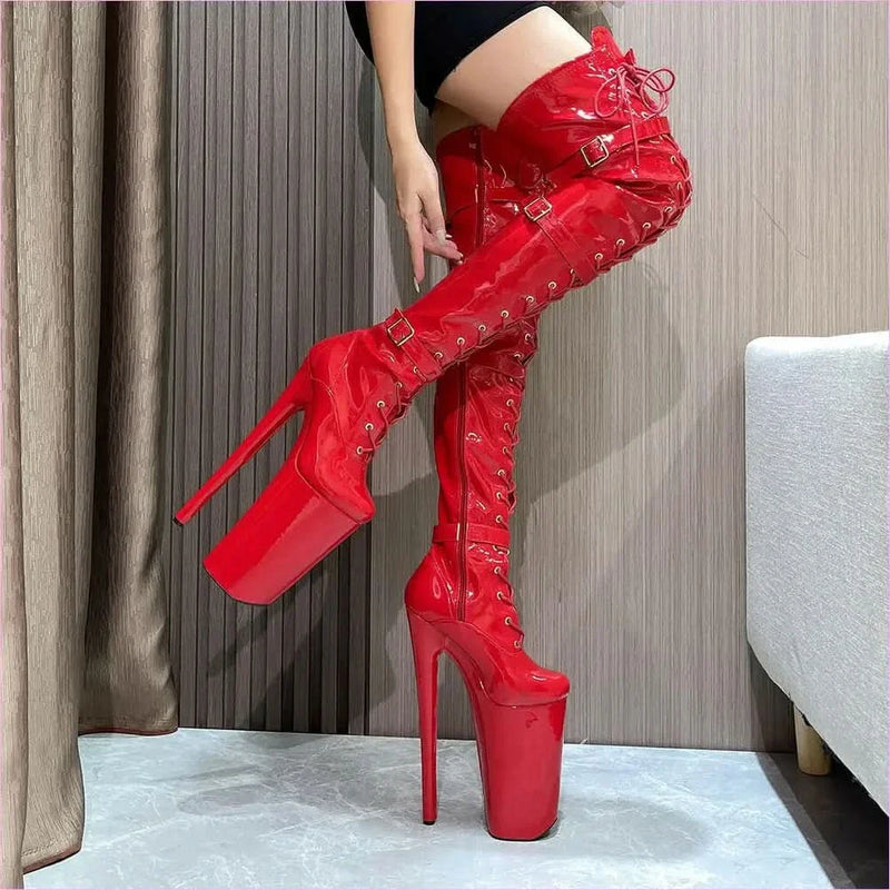 Ultra High Heel Multi Buckle High Platform Patent Boots