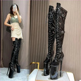 Ultra High Heel Multi Buckle High Platform Patent Boots