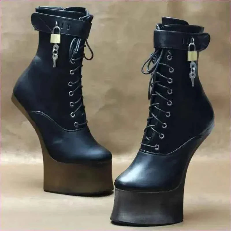 Unique Heel-less Hoof Lace Up Cosplay Lockable Boots in Black