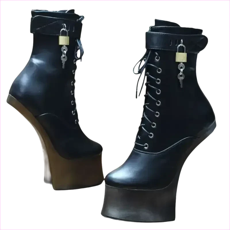 Unique Heel-less Hoof Lace Up Cosplay Lockable Boots in Black