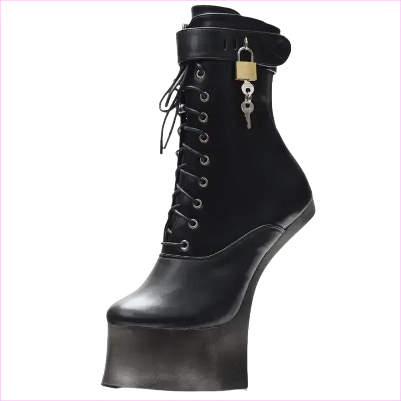 Unique Heel-less Hoof Lace Up Cosplay Lockable Boots in Black
