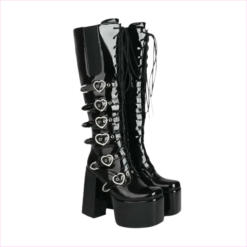 Unisex High Heel Punk Lace-up Multi Buckle Platform Boots