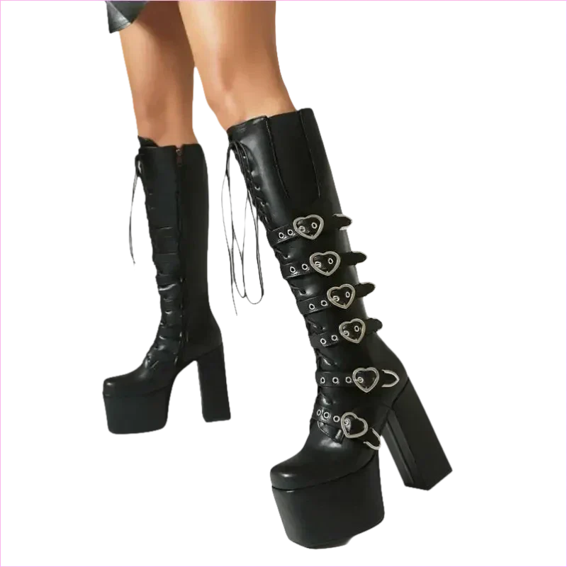 Unisex High Heel Punk Lace-up Multi Buckle Platform Boots