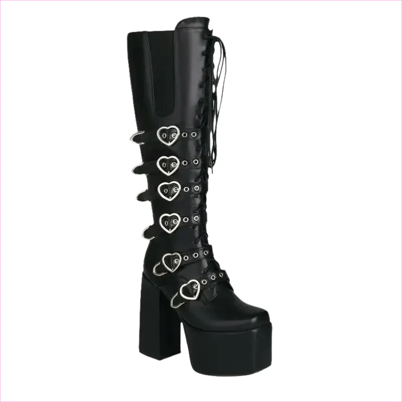 Unisex High Heel Punk Lace-up Multi Buckle Platform Boots