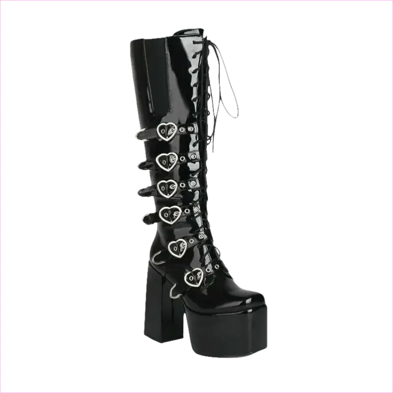 Unisex High Heel Punk Lace-up Multi Buckle Platform Boots