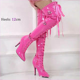 Unisex Patent Mirror Buckle Thigh-high Stiletto Boots in Black