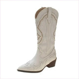 Unisex White Western Long Boots with Chunky High Heel