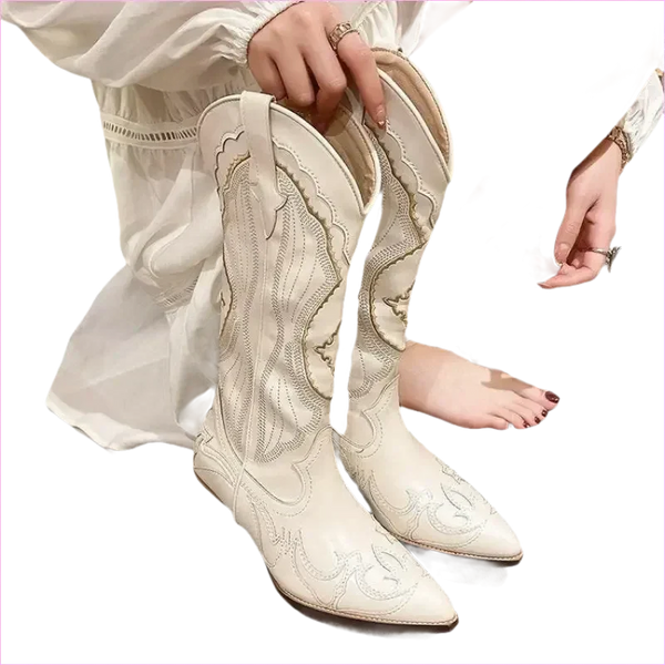 Unisex White Western Long Boots with Chunky High Heel