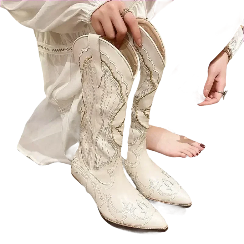 Unisex White Western Long Boots with Chunky High Heel