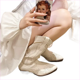 Unisex White Western Long Boots with Chunky High Heel