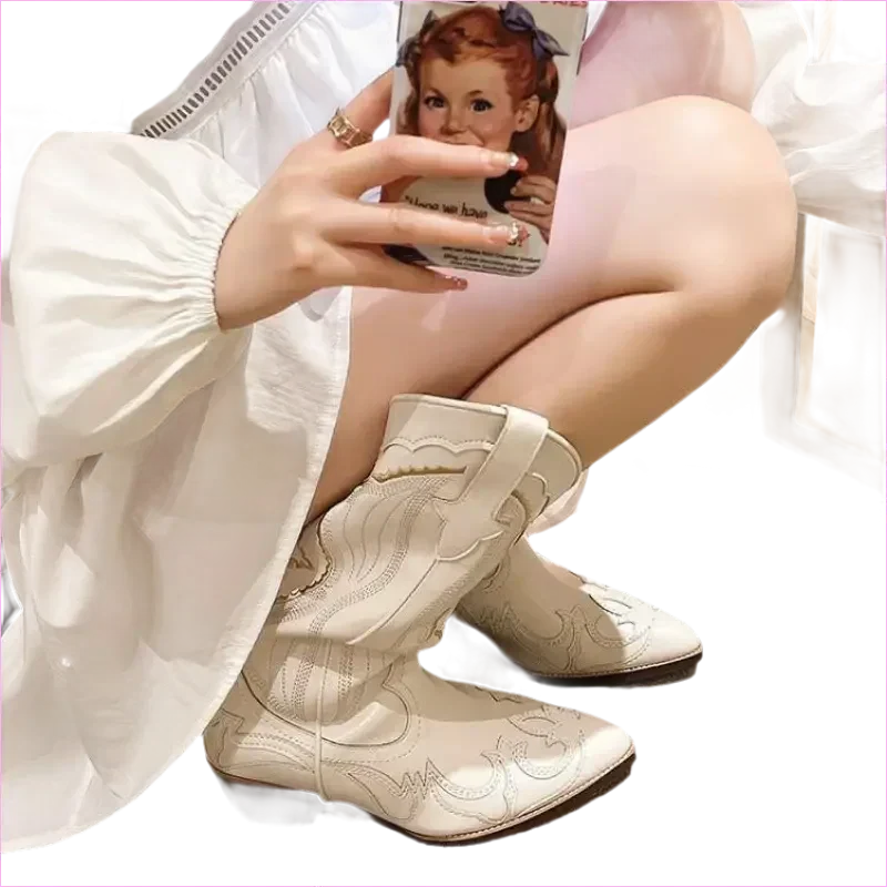 Unisex White Western Long Boots with Chunky High Heel