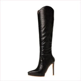 White and Black Leather Knee High Stiletto Boots for Women