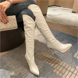 White and Black Leather Knee High Stiletto Boots for Women