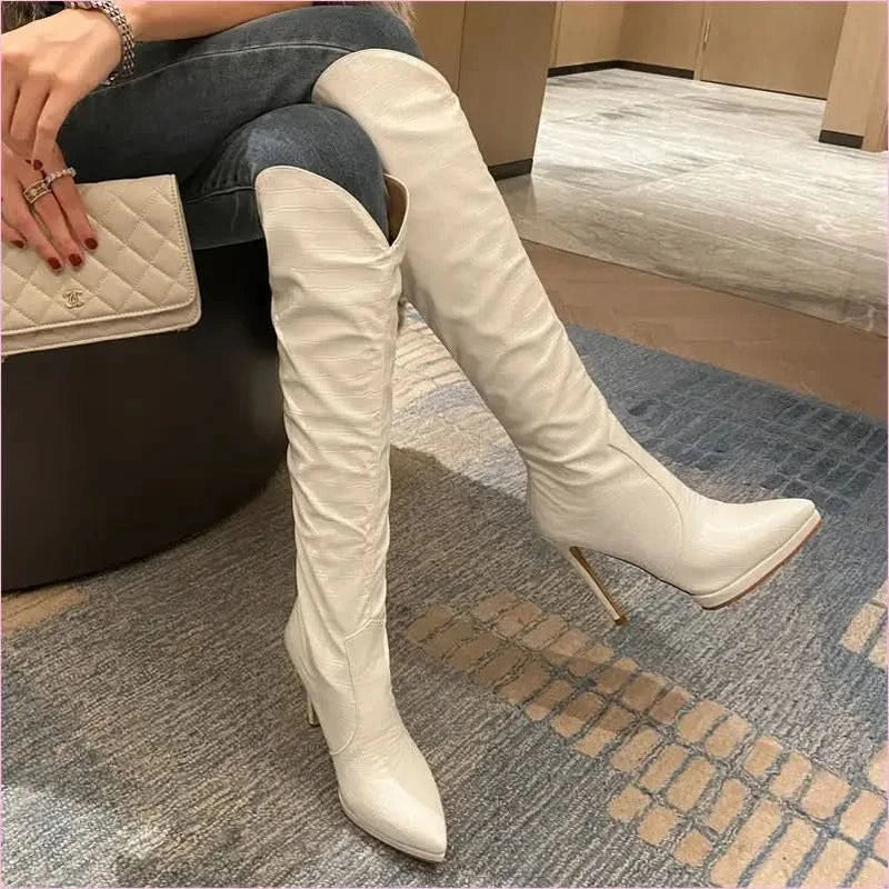 White and Black Leather Knee High Stiletto Boots for Women