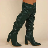 White Leather Chunky Heel Knee Ruffle Design Zip Up Boots