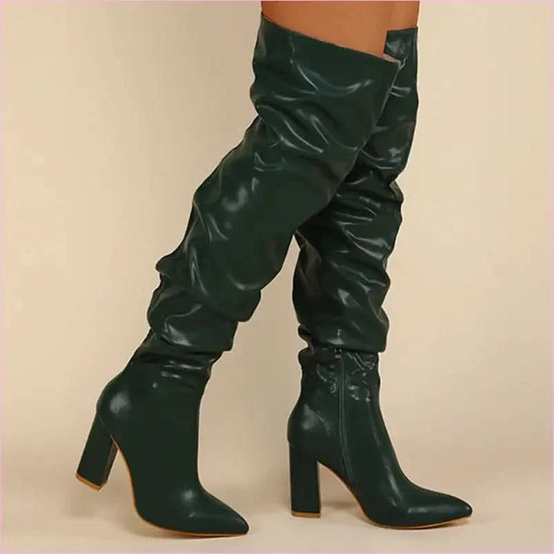 White Leather Chunky Heel Knee Ruffle Design Zip Up Boots