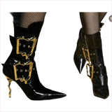 Women’s Black Patent Knee Length Side Buckle Boots with Gold Accents