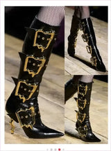 Women’s Black Patent Knee Length Side Buckle Boots with Gold Accents